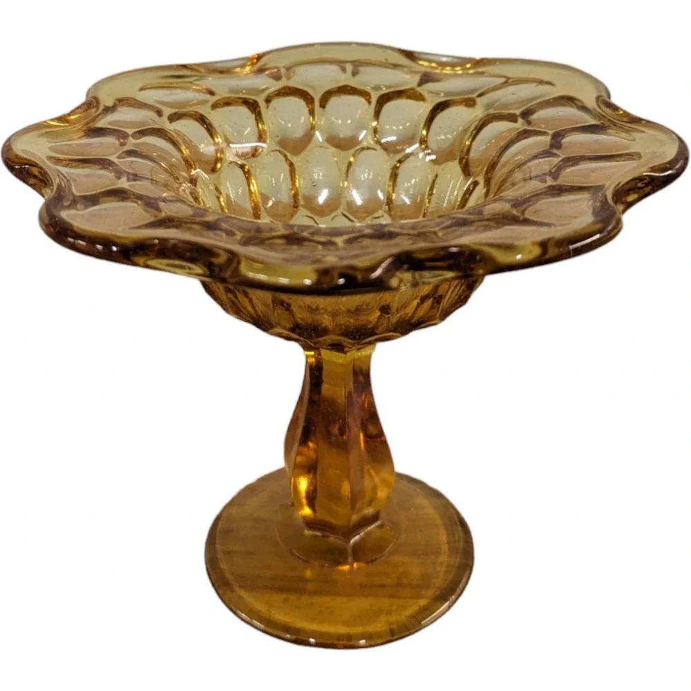 Vintage Amber Gold Fingerprint Glass Compote Dish Scalloped Pedestal Bowl